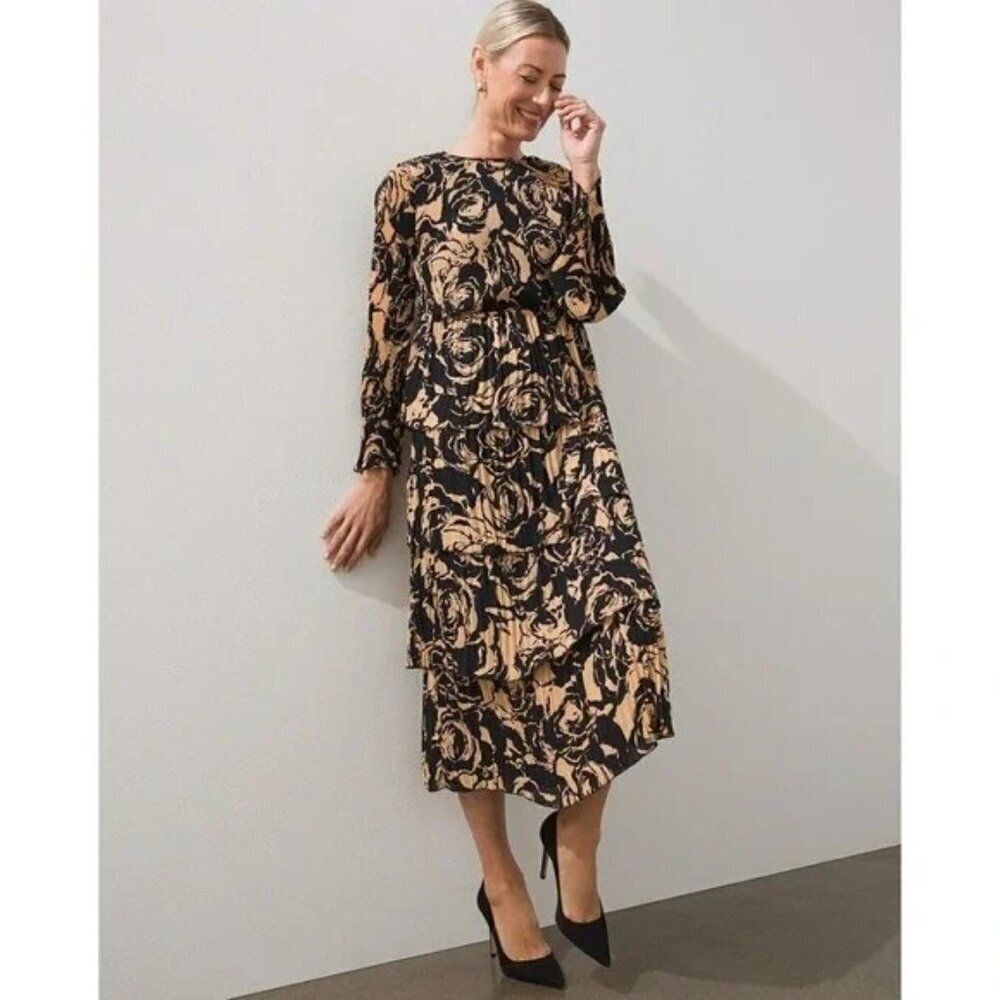 💕CHICO'S BLACK LABEL💕 Tiered Pleated Dress Abstract Floral Neutral Combo NWOT